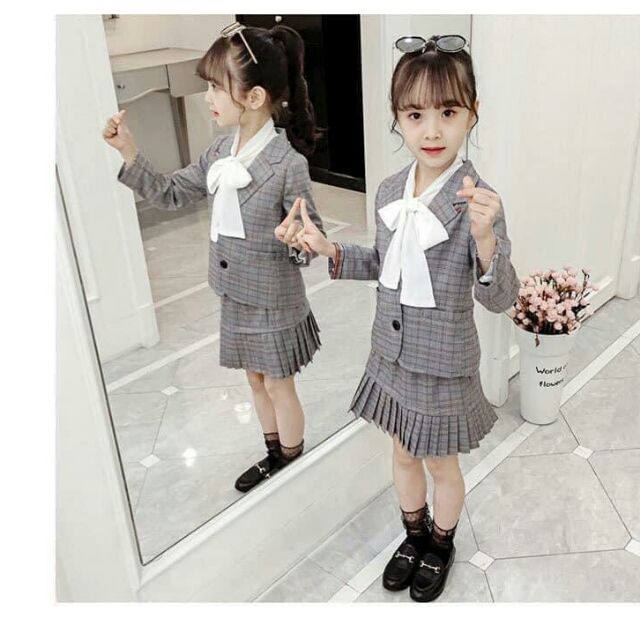 Set Vest Chân váy kẻ cho bé gái, Bộ Vest kẻ