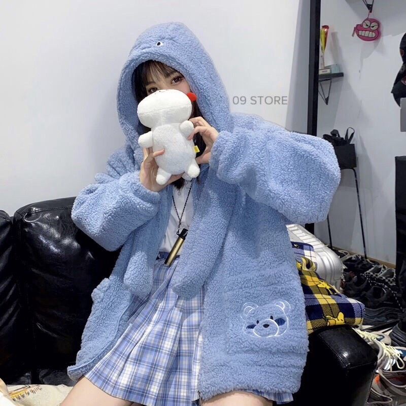 Áo khoác lông cừu, áo khoác mũ lông có khăn phong cách loli