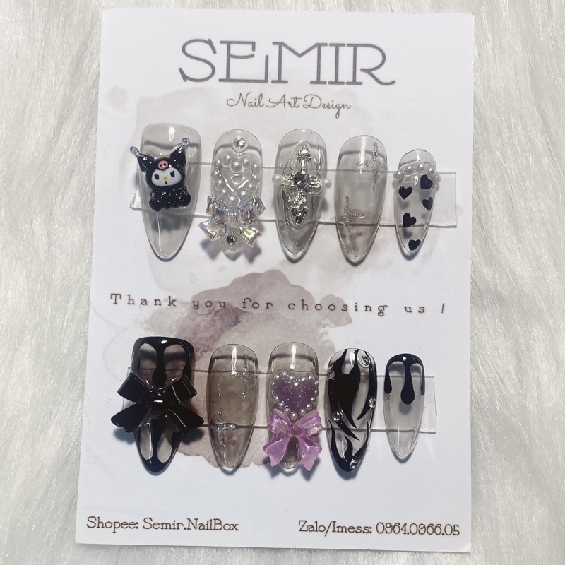Nail Box Móng úp thiết kế theo yêu cầu tone thạch đen đính charm kuromi, charm búp bê, charm nơ cá tính TUE210