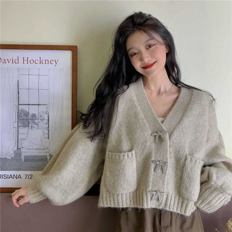 Áo khoác len dài tay cổ chữ V phong cách Hàn Quốc thời trang cho nữ