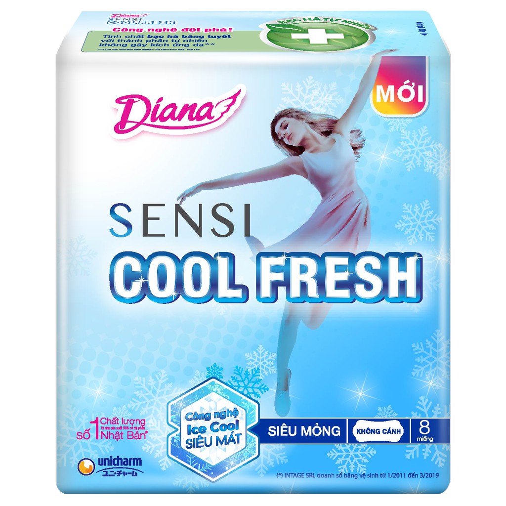 COMBO 6 GÓI BVS MỎNG KHÔNG CÁNH DIANA SENSI COOL FRESH, GÓI 8 MIẾNG DÀI 23CM