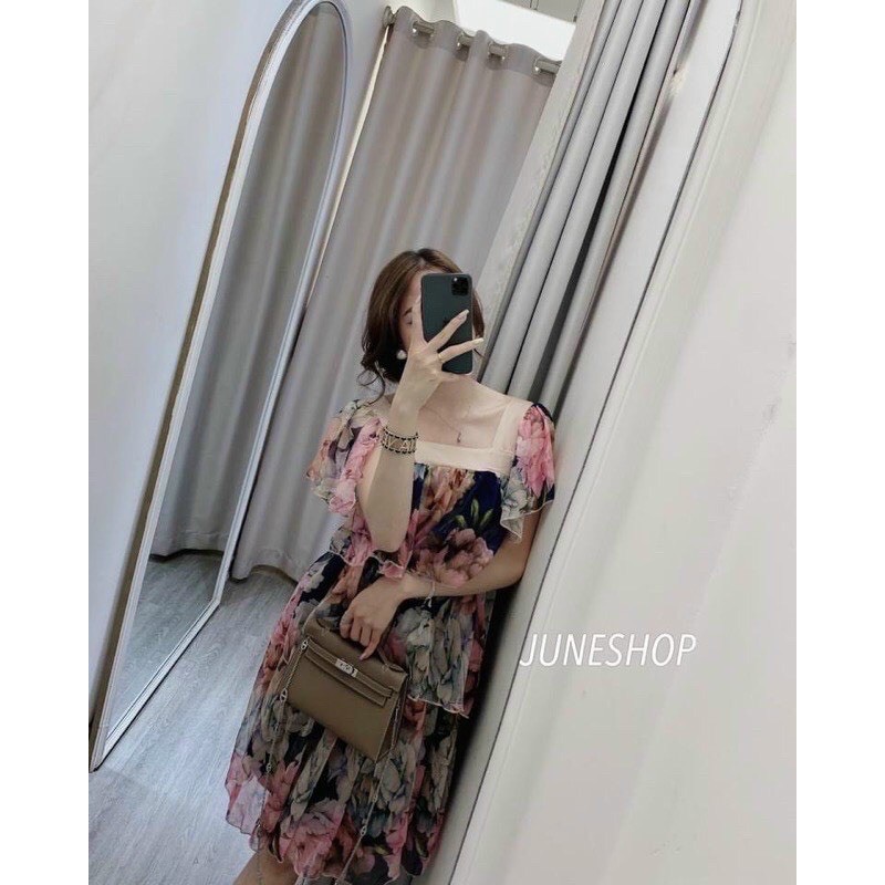 VNU246 - VÁY HOA TƠ XƯỚC 3 TẦNG CỔ VIỀN BE | BigBuy360 - bigbuy360.vn