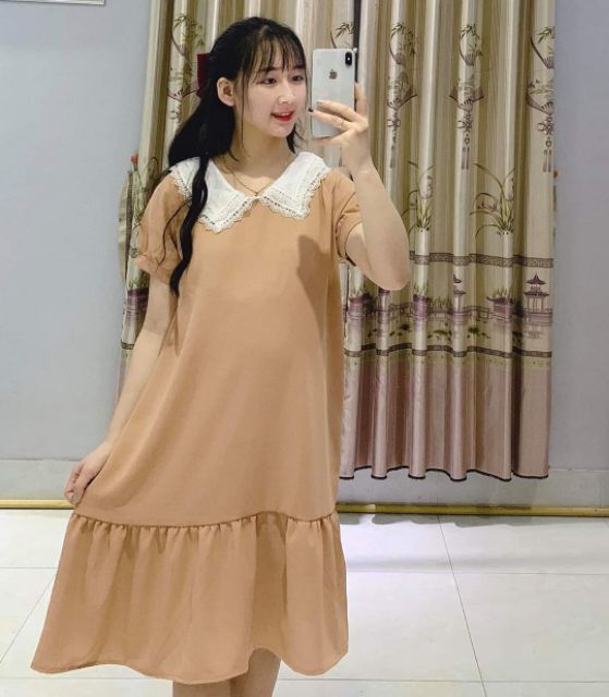 Váy Bầu  CHẤT LỤA HÀN CHÂU  Đầm Bầu, Váy Bầu Xuông Cổ Ren Thiết Kế Freesize từ 45-70kg