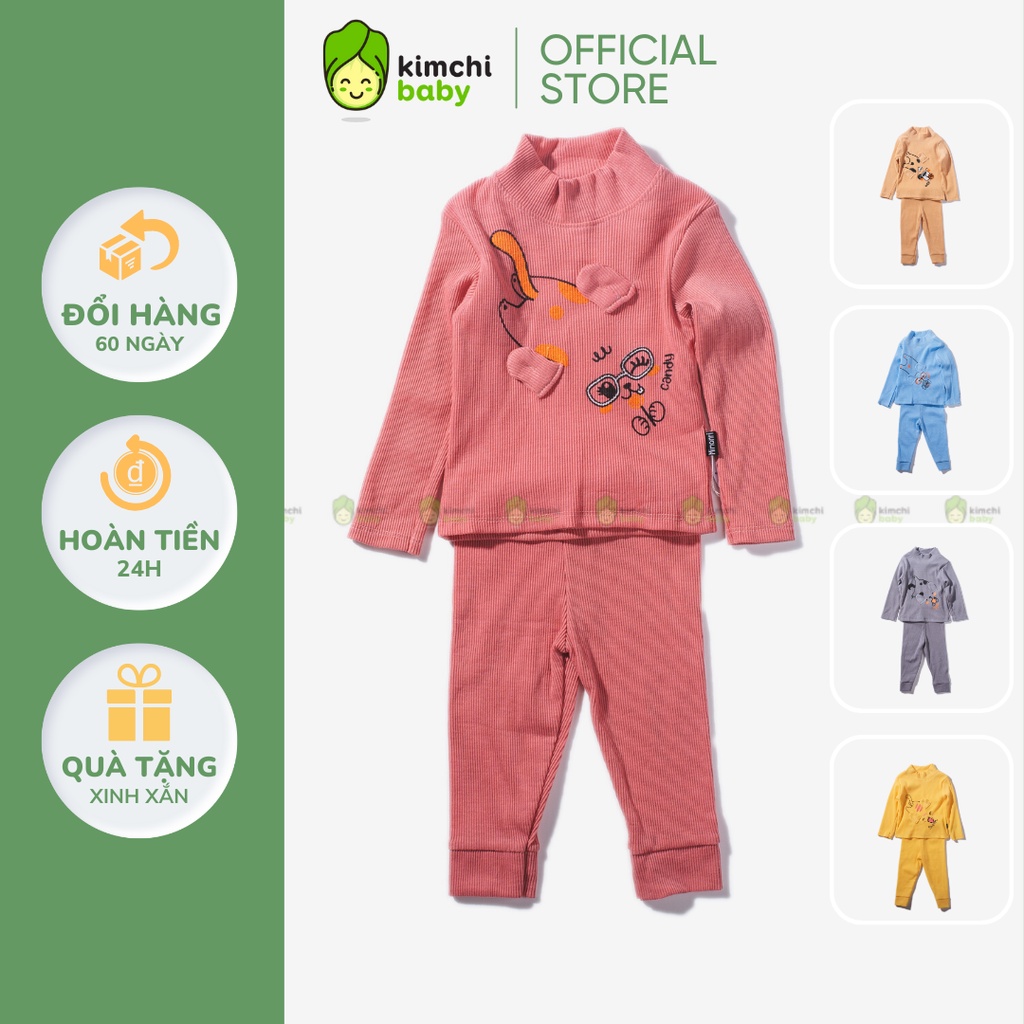 Bộ Dài Tay Bé Gái, Bé Trai KIMCHIBABY Vải Len Gân Cao Cổ Tai Thú 3D, Bộ Quần Áo Trẻ Em Thu Đông KWTD2201