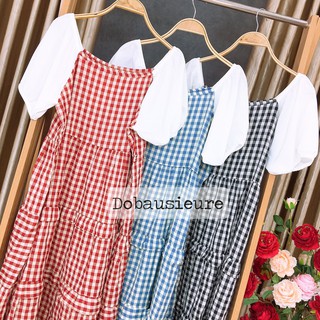 Váy bầu kẻ caro pha tay trắng