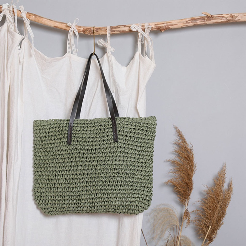 Túi Xách Sức Chứa Lớn Bằng Rơm Bện Với Tay Cầm Giả Da Khóa Kéo Phong Cách Bohemian Vintage Cho Nữ