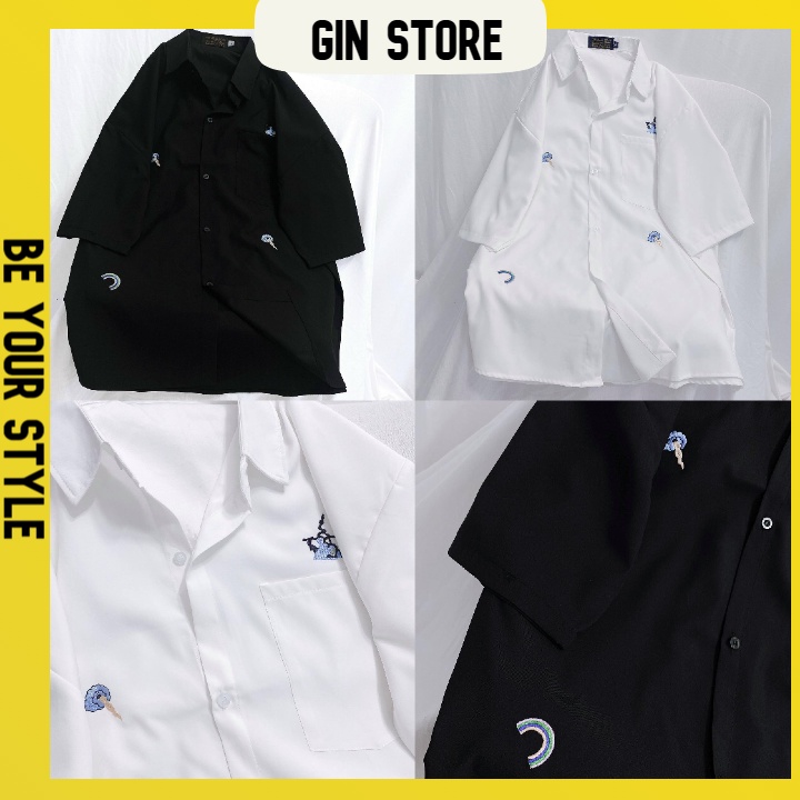 Áo sơ mi tay lỡ GIN STORE thêu hình họa tiết vải voan form unisex oversize- Gin Store