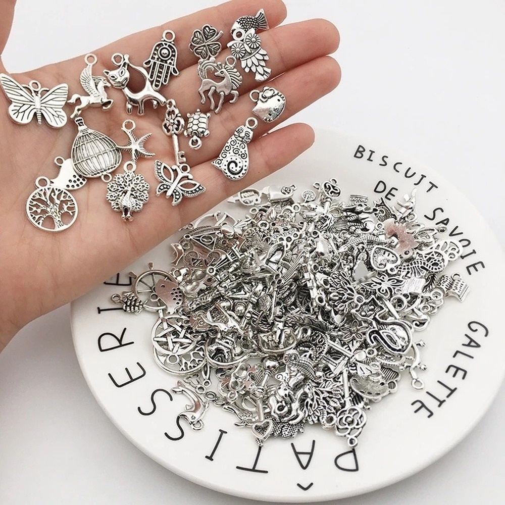 Bộ 100 Mặt Dây Chuyền Bạc Tây Tạng Hình Động Vật Hỗn Hợp Làm Trang Sức Thủ Công DIY