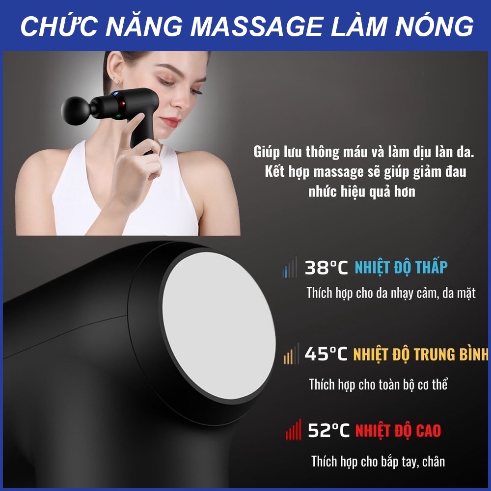 Máy massage cầm tay METAMO 4 đầu 8 cấp độ nóng trị đau nhức toàn thân hiệu quả, súng massage kèm 4 đầu mát xa chuyên sâu