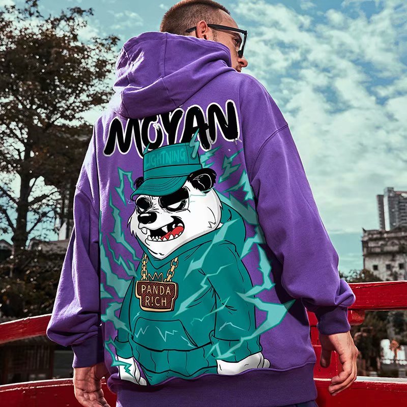 Áo hoodie dáng rộng in hình gấu trúc hoạt hình phong cách hip hop M-8XL cho nam và nữ