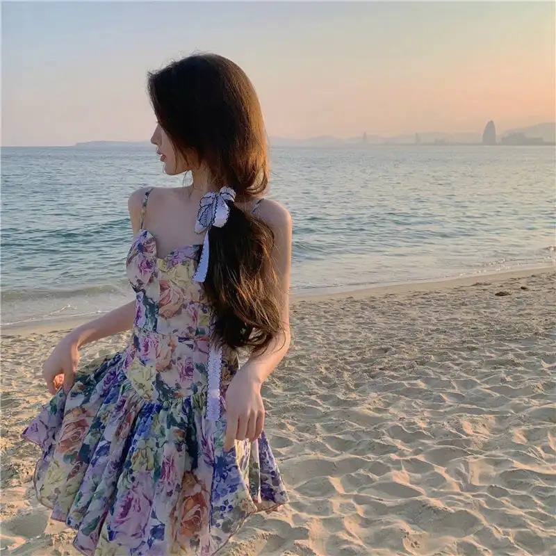Đầm Hoa Hai Dây Dáng Ôm Thời Trang Đi Biển Quyến Rũ Cho Nữ