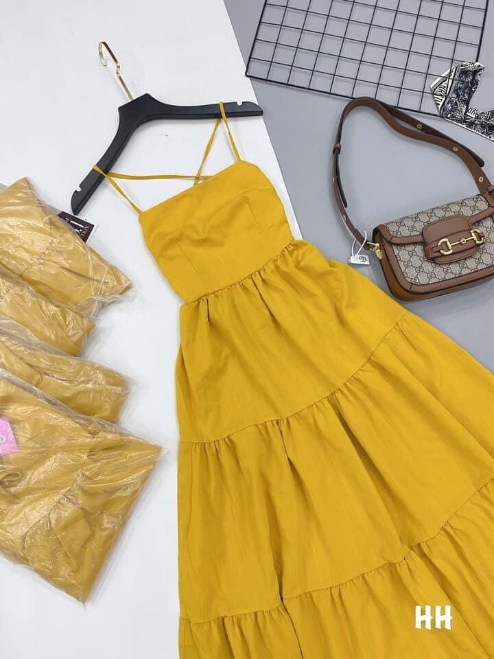 [Mã FAMAYWA2 giảm 10K đơn 50K] Váy maxi vàng 2 dây buộc đan lưng cá tính | BigBuy360 - bigbuy360.vn