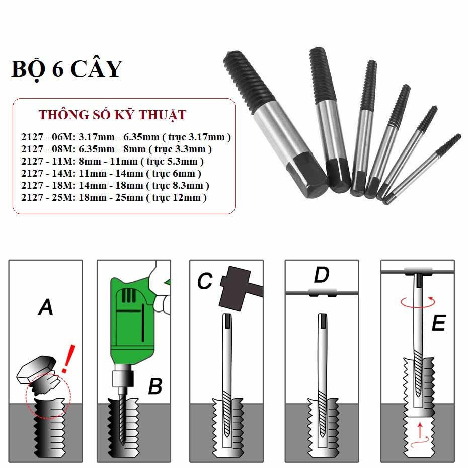 Bộ 6 cây Kingtony tháo bu lông ốc gẫy, tháo khoét ốc gãy trờn ren