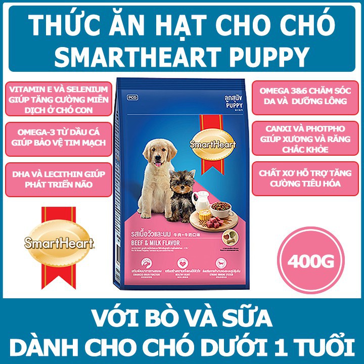 THỨC ĂN CHÓ CON SmartHeart Vị Thịt Bò và Sữa Gói 400g Xuất xứ Thái Lan