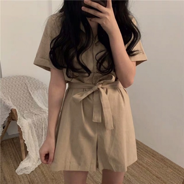Bộ jumpsuit kaki cài cúc nơ eo | BigBuy360 - bigbuy360.vn