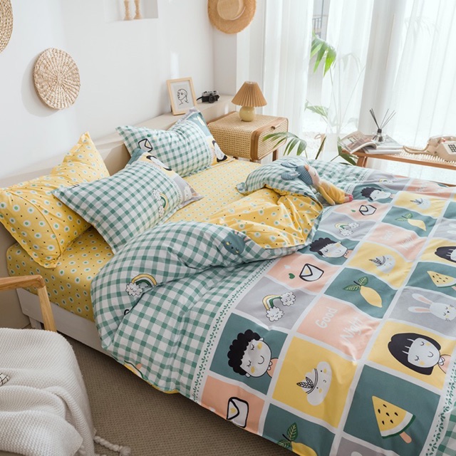 Set Chăn Ga Ô Vuông Hoạt Hình Ngộ Nghĩnh Cotton Poly Siêu Cute Bền Đẹp (Shinbedding.shop)