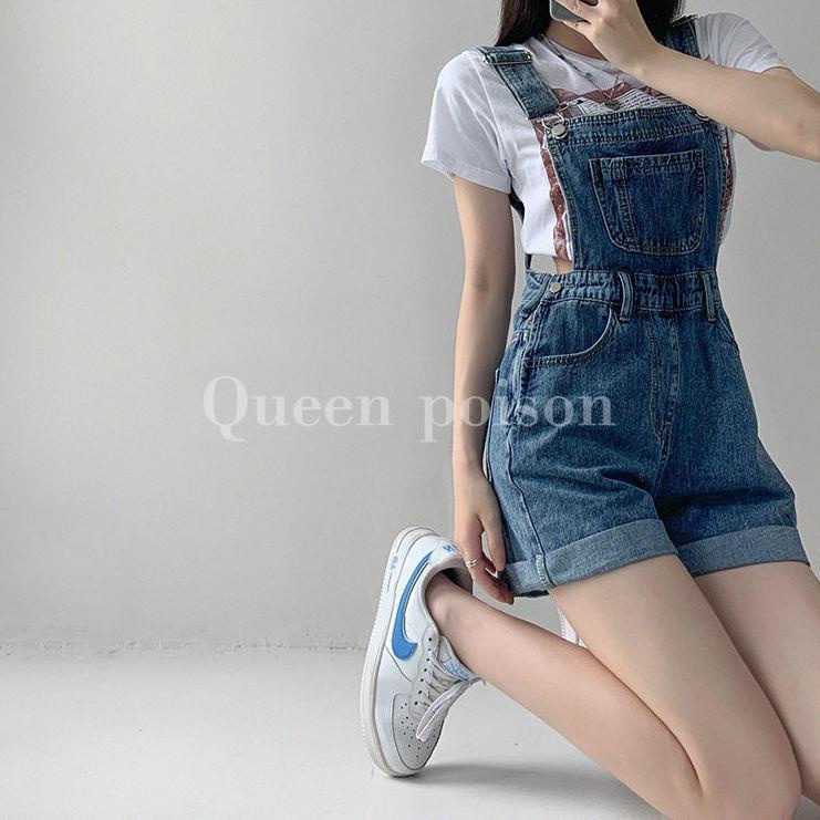 Quần Yếm Denim Ngắn Ống Rộng Lưng Cao Thời Trang Mùa Hè Cho Nữ
