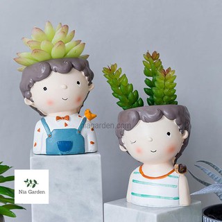 Chậu cậu bé và chim sẻ little boy trồng cây cảnh, sen đá, xương rồng
