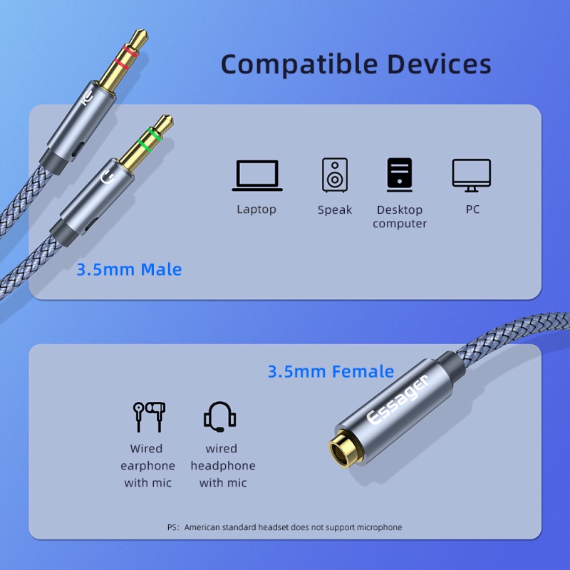 ESSAGER Cáp Chia Âm Thanh Tai Nghe 3.5mm Female Sang 2 3.5 mm Cho Máy Tính / Loa / Mic / Pc