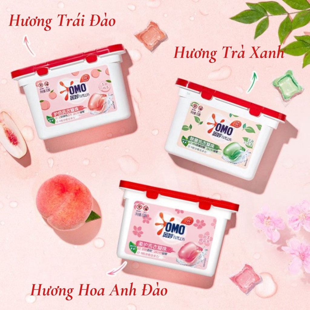 Viên nước giặt xả quần áo OMO hoa anh đào thơm lâu, nước giặt xả nước hoa hộp 50 viên