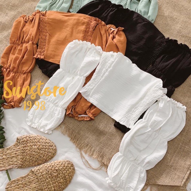 Áo croptop tay dài rớt vai nhún chun tay bo phồng độc đáo nữ tính cực kì