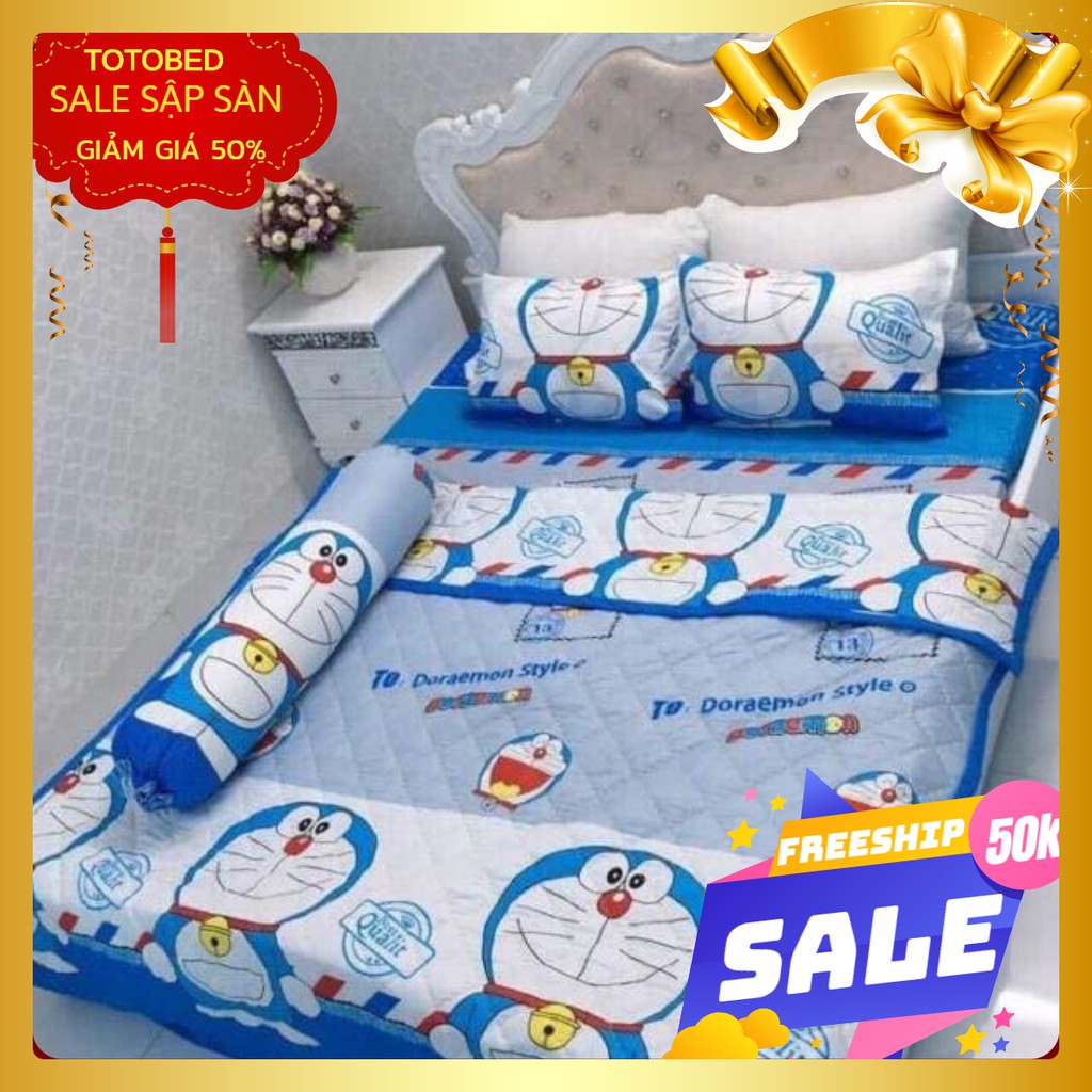 Set 5 món Bộ chăn hè ga gối 1m6 kèm vỏ gối ôm mẫu doremon lá thư