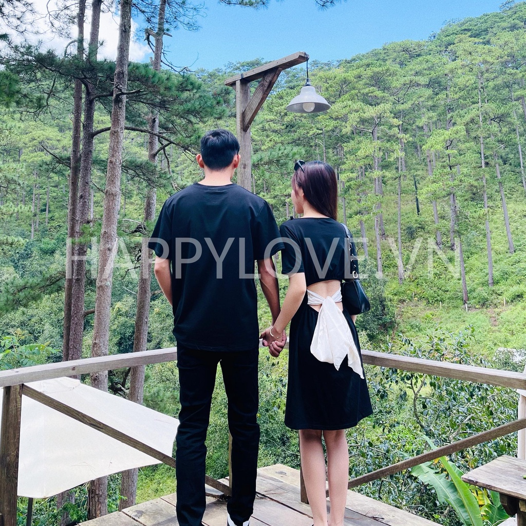 Set Đồ Đôi Váy nữ Áo phông nam màu Đen thêu Trái tim đỏ hàng Quảng Châu HAPPYLOVE, Đồ cặp đôi nam nữ unisex cao cấp H22