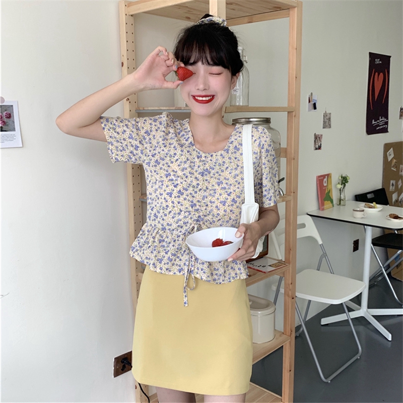 SUXI Áo Kiểu Tay Ngắn Chất Chiffon Hoạ Tiết Hoa Thời Trang Mùa Hè