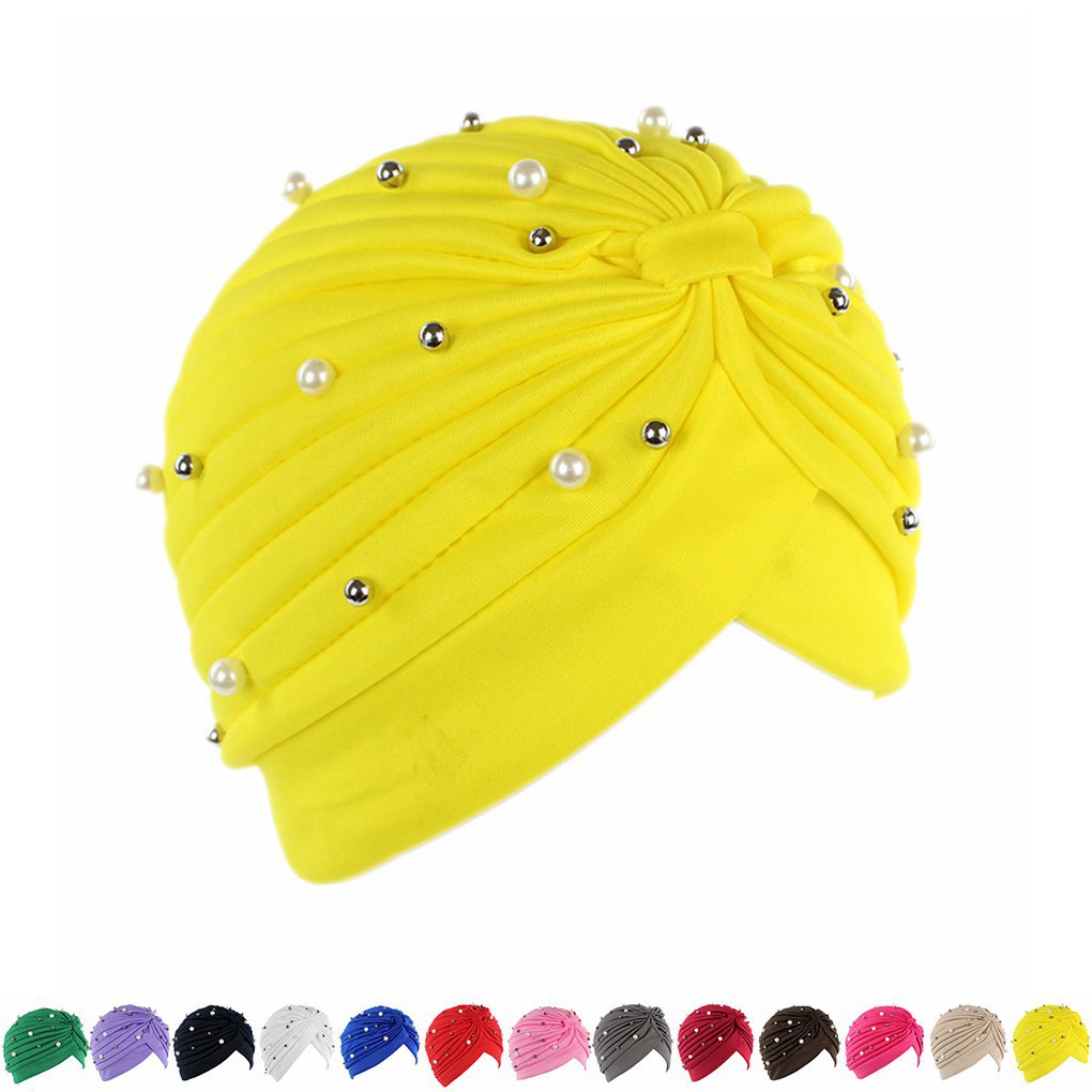 Mũ turban đính hạt ngọc trai nhân tạo thời trang cho nữ