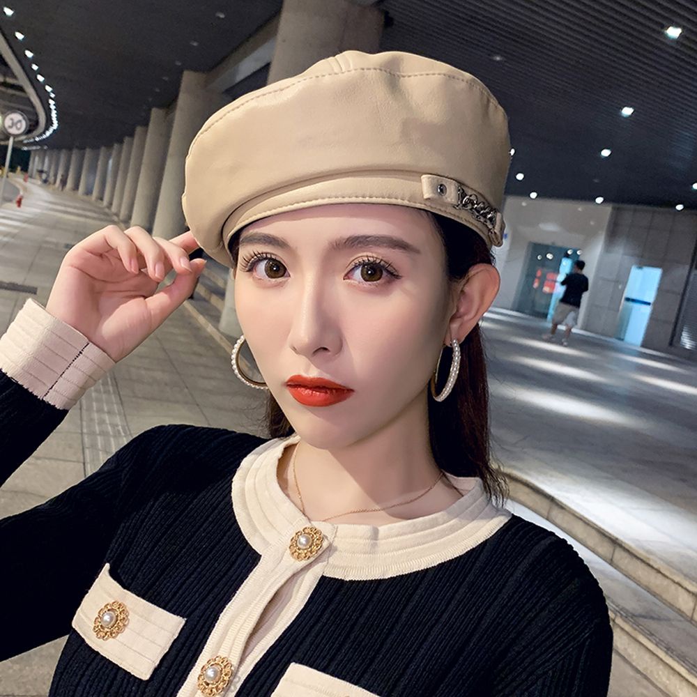Mũ beret da PU phối dây xích phong cách Hàn Quốc thời trang mùa thu cho nữ