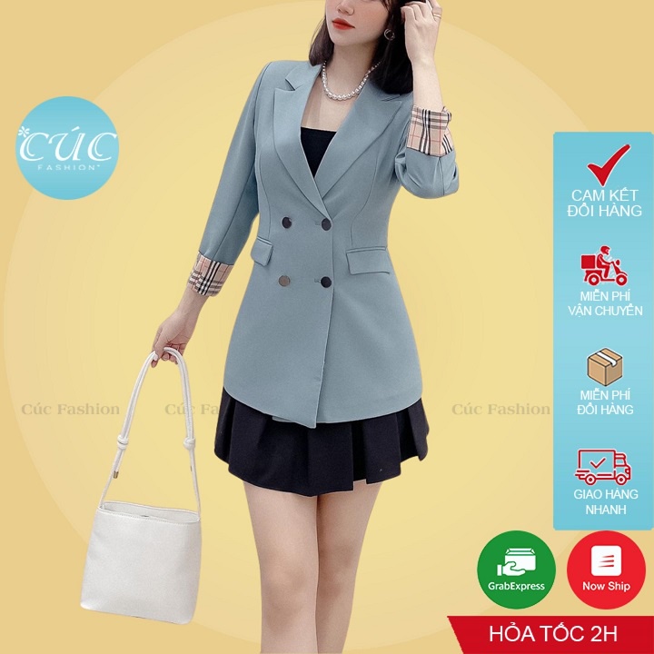 Áo blazer nữ CÚC FASHION áo khoác dáng dài thời trang Hàn Quốc tay ngắn đẹp đen trắng vest 2022 tay phối kẻ caro AV97 | BigBuy360 - bigbuy360.vn