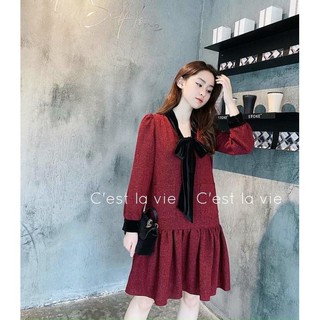 Váy dạ đỏ nơ đen dành cho nữ