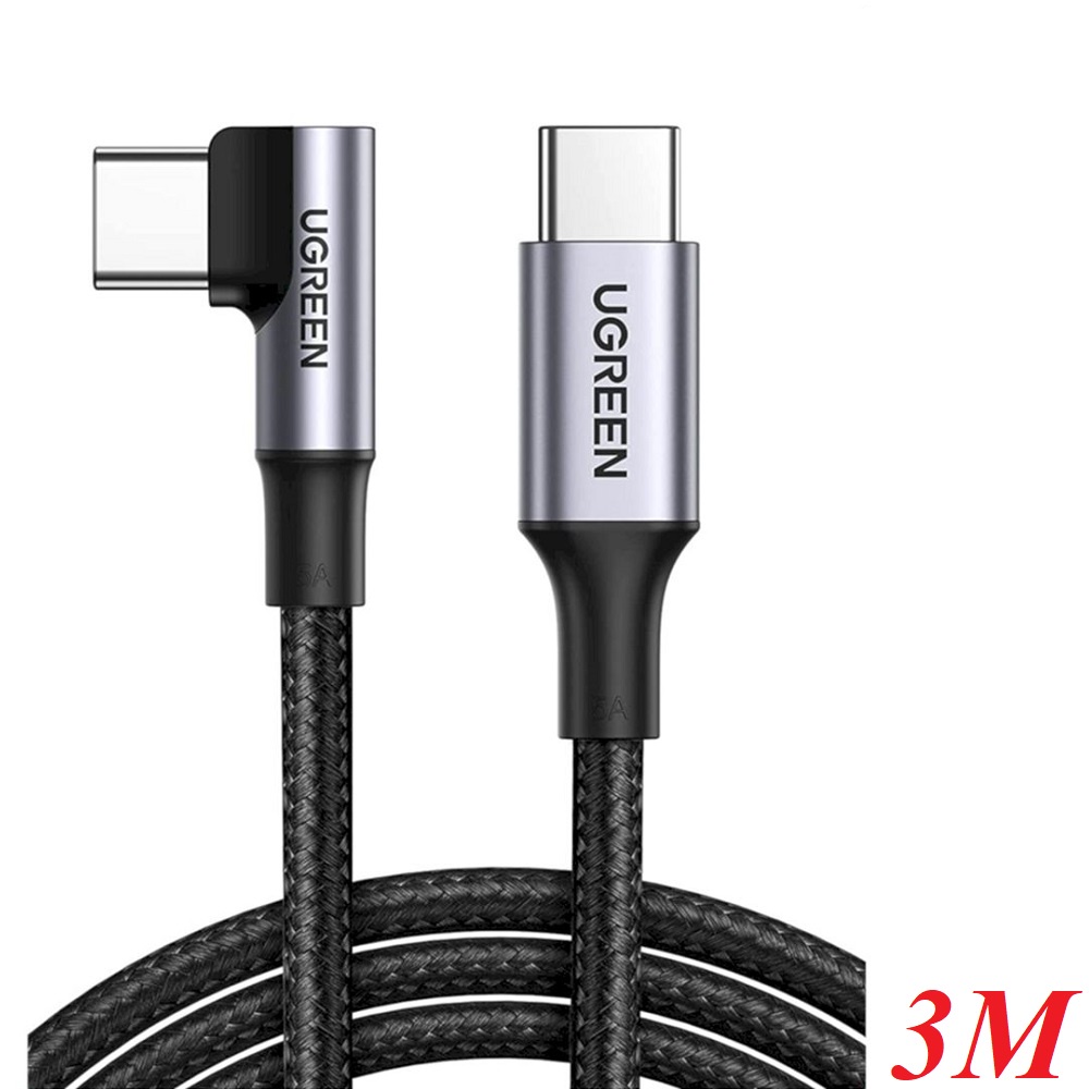 Ugreen 20583 3M 100W bẻ 90 độ cáp USB 2 đầu type C màu đen góc vuông bọc nhôm dây dù chống nhiễu US3