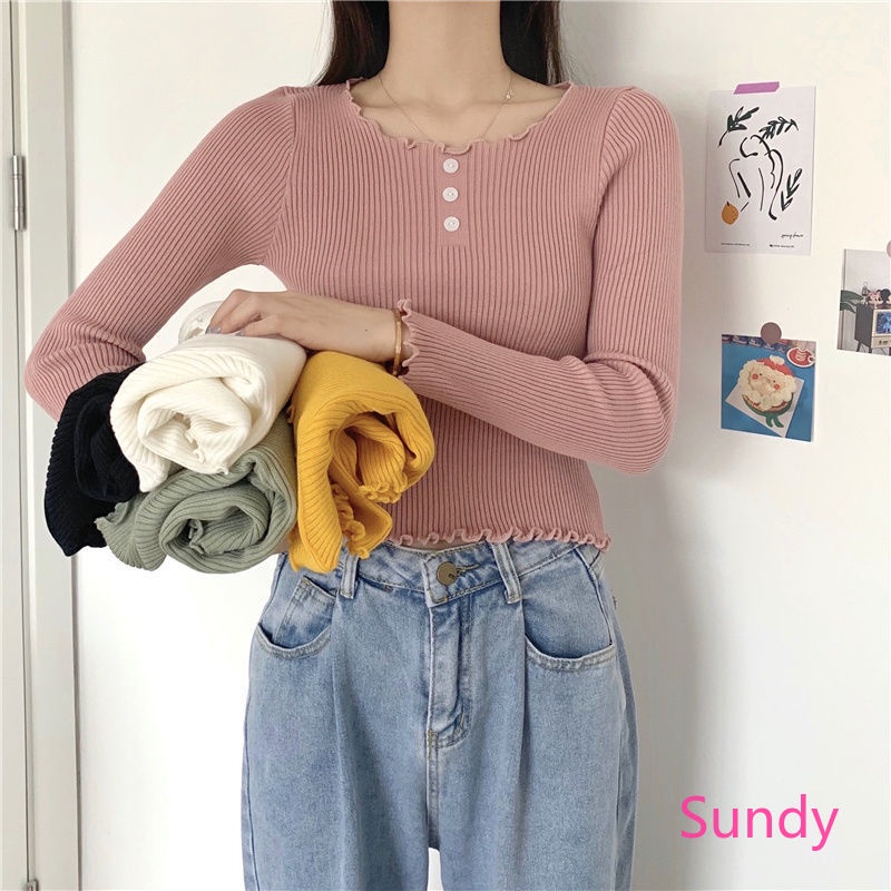 Áo sweater tay dài cổ tròn phong cách thời trang hàn quốc
