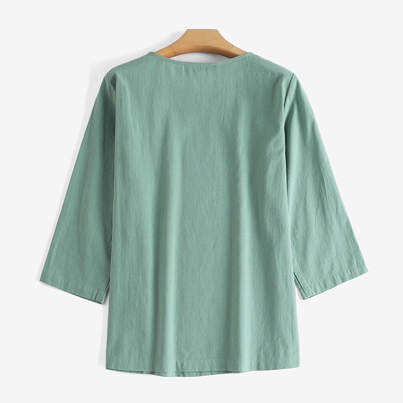 ZANZEA Áo Sơ Mi Cotton Tay Lỡ 3/4 Màu Trơn Cổ Tròn Thời Trang Dành Cho Nữ