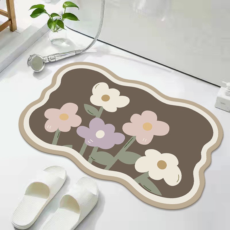 Thảm chùi chân phòng tắm, cửa ra vào cắt viền tạo sóng họa tiết hoa cỏ chất liệu lì phong cách BOTANICAL - Liminho Shop