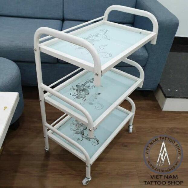 Xe Đẩy Spa 3 Tầng Mặt Kính Hoa Văn Kích Thước 50x32x80cm