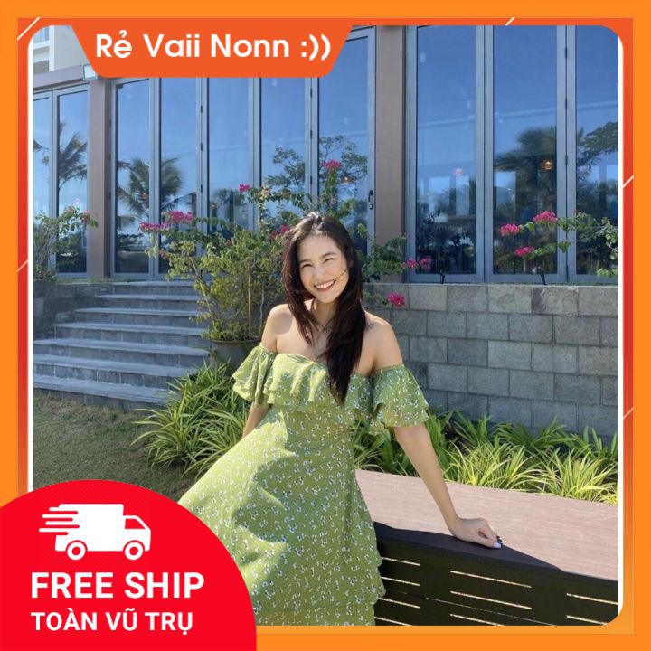 Váy Hoa Nhí Trễ Vai_Cúp Ngực_Đầm Hai Lớp Dày Dặn