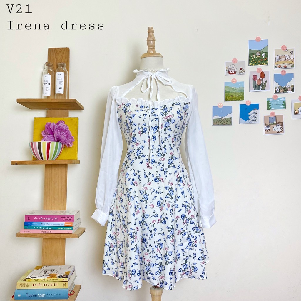 Váy trắng hoa nhí cổ voan bèo thắt nơ (Có sẵn + Ảnh thật shop chụp) Irena Dress - V21