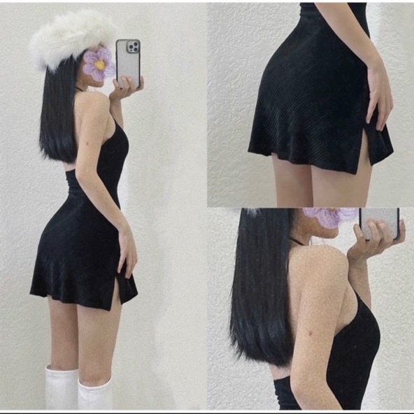 Đầm yếm nhung lụa hở lưng dáng xòe trơn xẻ tà nhẹ cực sexy , chất nhung mềm mát ly