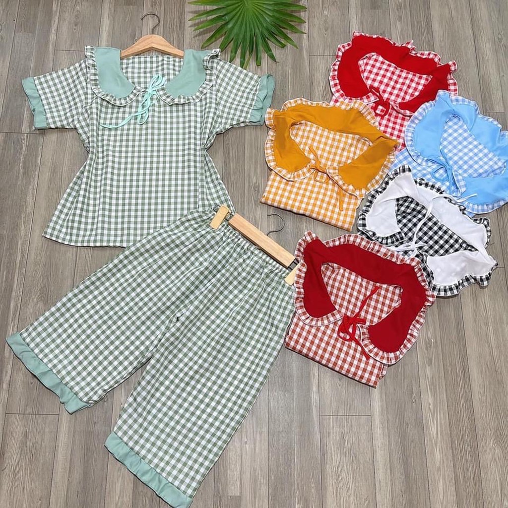 Bộ Lửng Caro Tiểu Thư Mặc Nhà Siêu Xinh. vải kate lụa mềm mát, hàng free size dưới 55kg,  như hình