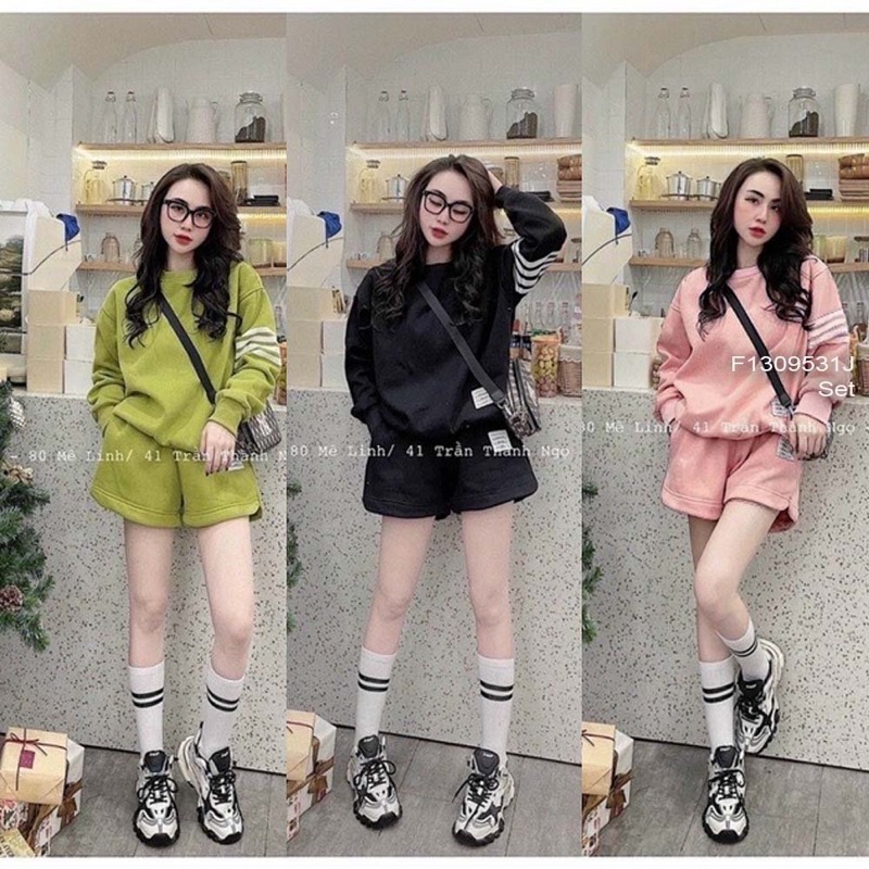 Set bộ nỉ bông áo tay dài bo phối quần short!