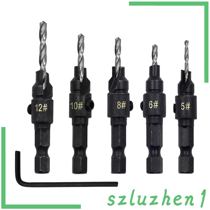 [Hi-tech]  5 Pcs HSS Steel Countersink Drill Bits with Wrench for Woodworking