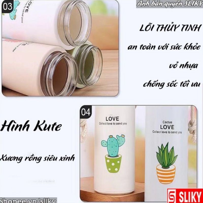 Bình đựng nước lõi thủy tinh họa tiết xương rồng dễ thương dung tích 450ml