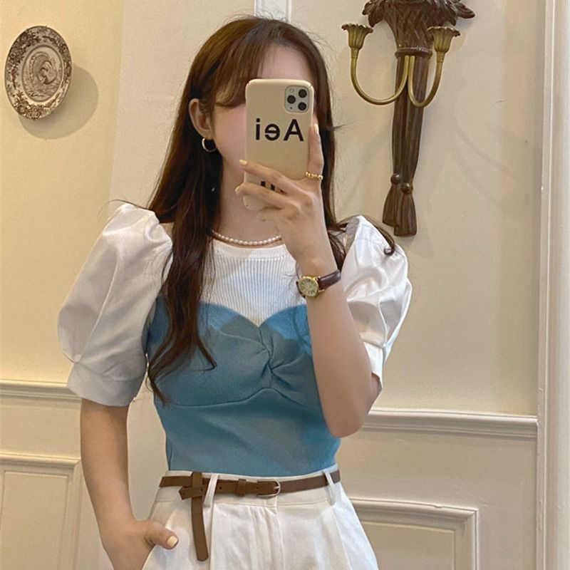 Áo Thun Tay Ngắn Phồng Giả Hai Lớp Màu Sắc Tương Phản Thời Trang Cho Nữ JL-TX-319