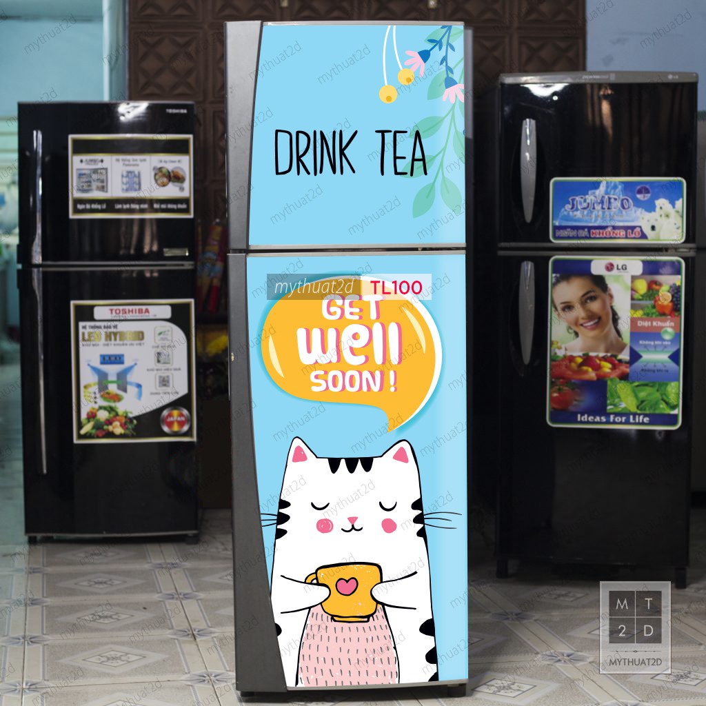 Decal dán tủ lạnh chống thấm loại tốt mẫu Mèo Drink Tea - mã TL100