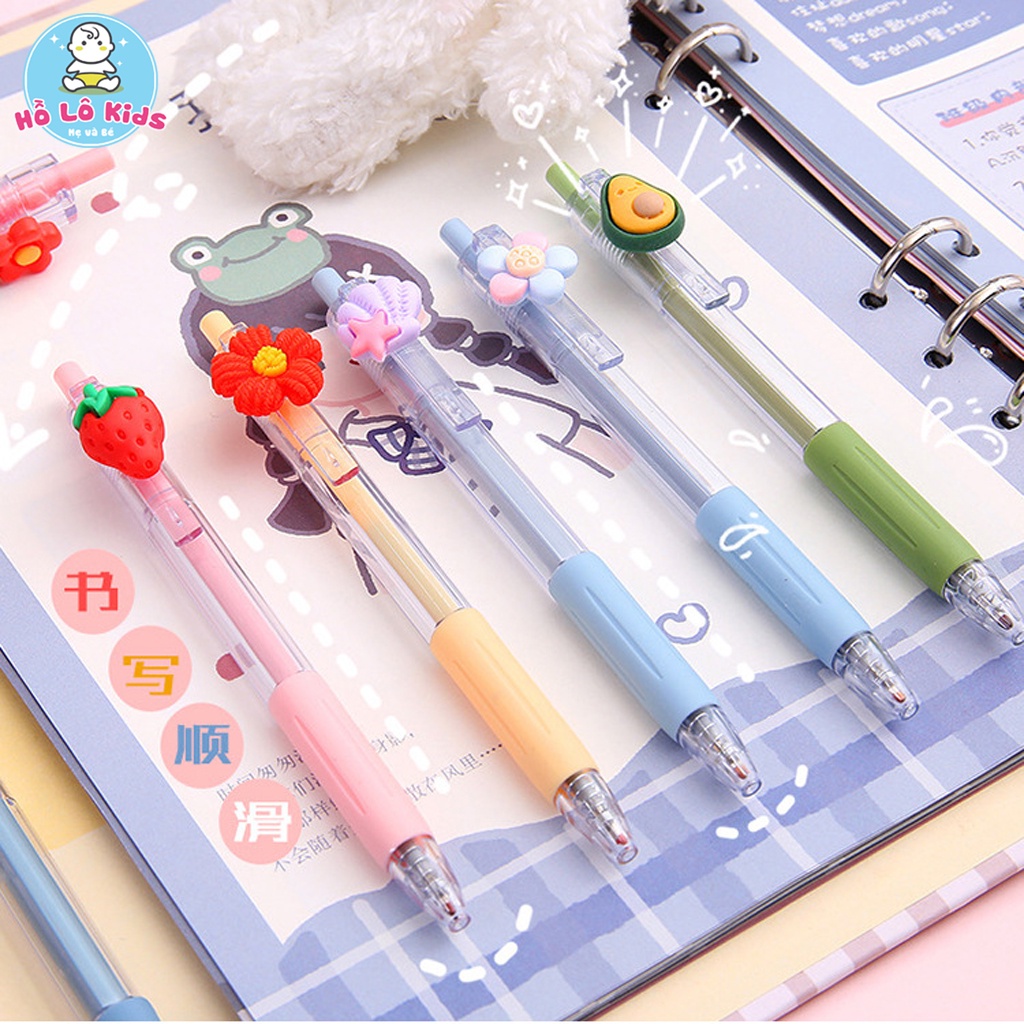 Bút bi nước cute mực đen ngòi 0.5mm, vỏ bút trong suốt gắn hoa quả dễ thương Hồ Lô Kids