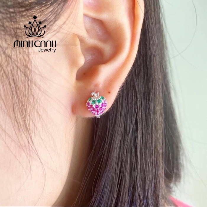 Bông Tai Bạc Dâu Tây Khóa Bấm Cho Bé Gái Minh Canh Jewelry