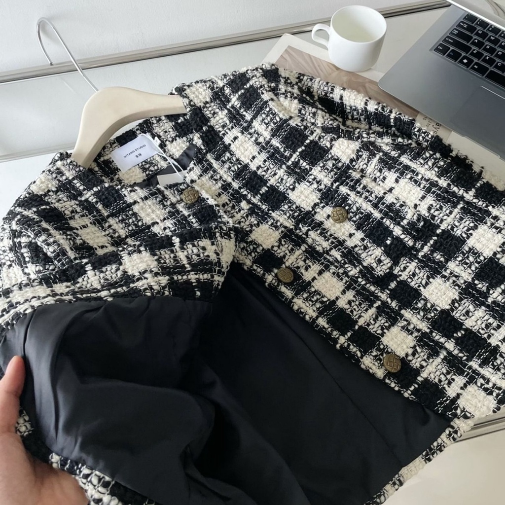 Áo khoác dạ Tweed dáng croptop phong cách Hàn Quốc trẻ trung