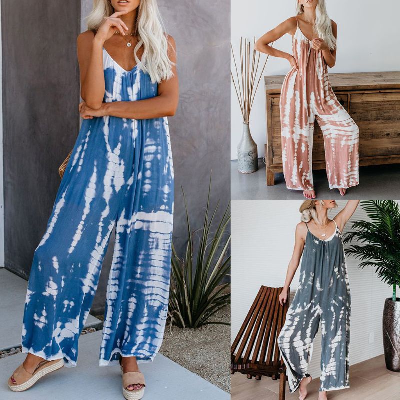 Bộ Áo Liền Quần Hai Dây Cổ Chữ V Ống Rộng Họa Tiết Màu Nhuộm Thời Trang Đi Biển Cho Nữ